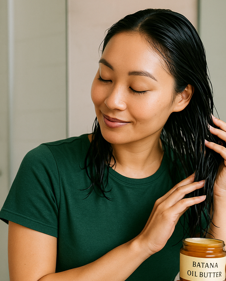 asian woman in green shirt using batana oil butter after washing out hair from sink