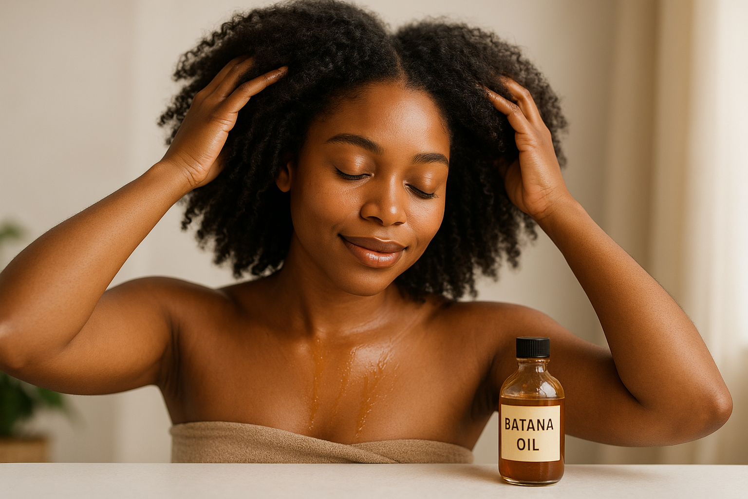 black woman using batana oil for hair growth